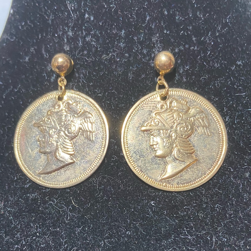 Roman Faux Coin Jewelry Drop Earrings Gold Tone Ancient Emperor Helmet Medallion